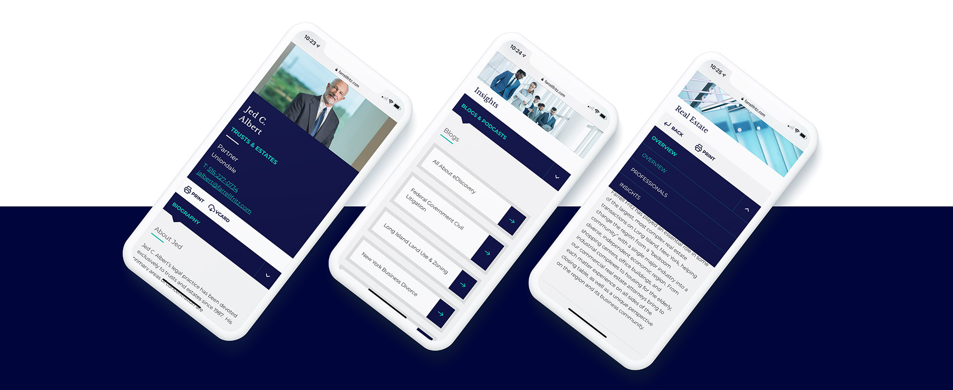 Three smartphones display different sections of a business app interface featuring a blue and white theme. The screens show a professional headshot with contact details, a list of business associates, and a detailed text document from Farrell Fritz, respectively.