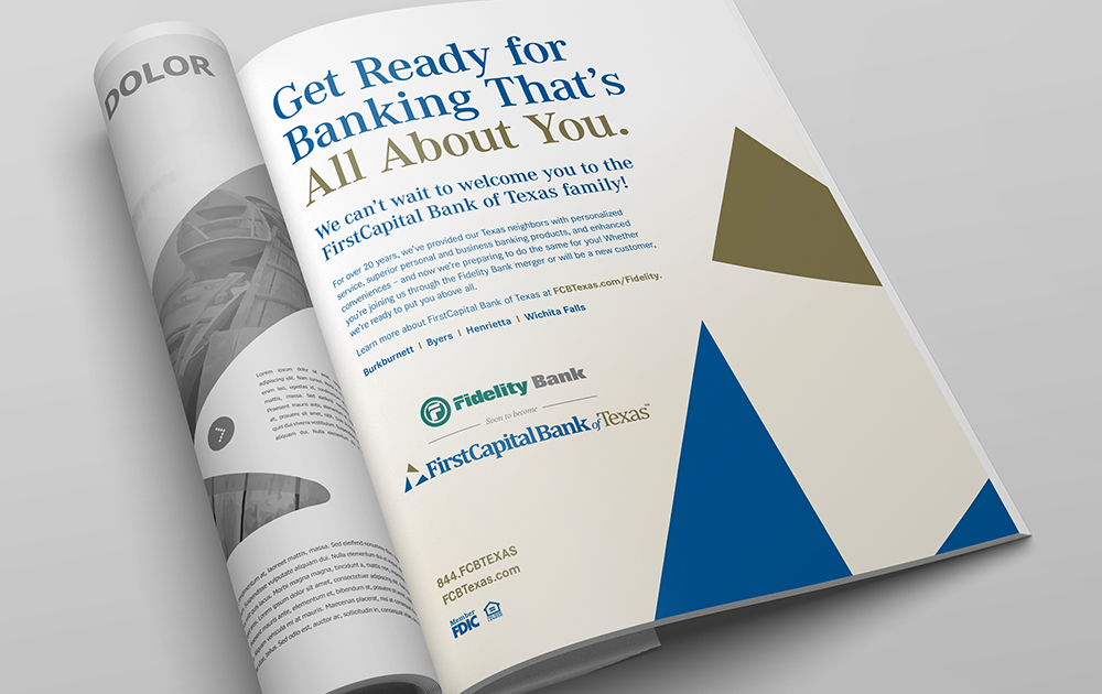 An open magazine showing a FirstCapital Bank of Texas advertisement. The ad includes slogans about personalized banking and mentions the bank's partnership with Fidelity Bank. The page features geometric shapes and logos of both banks.