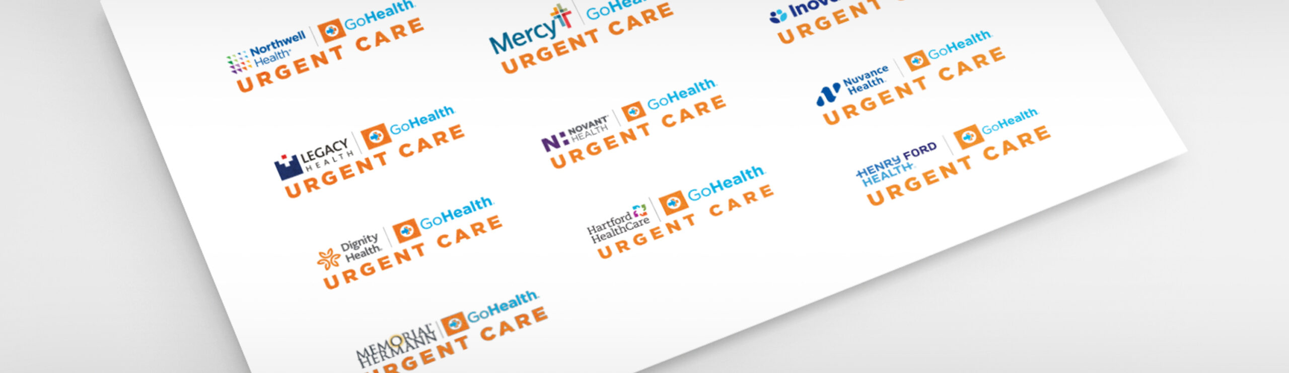 A sheet featuring various logos of GoHealth Urgent Care partnered with healthcare systems like Mercy, Inova, Dignity Health, Legacy Health, and more, each in a different style and color scheme.