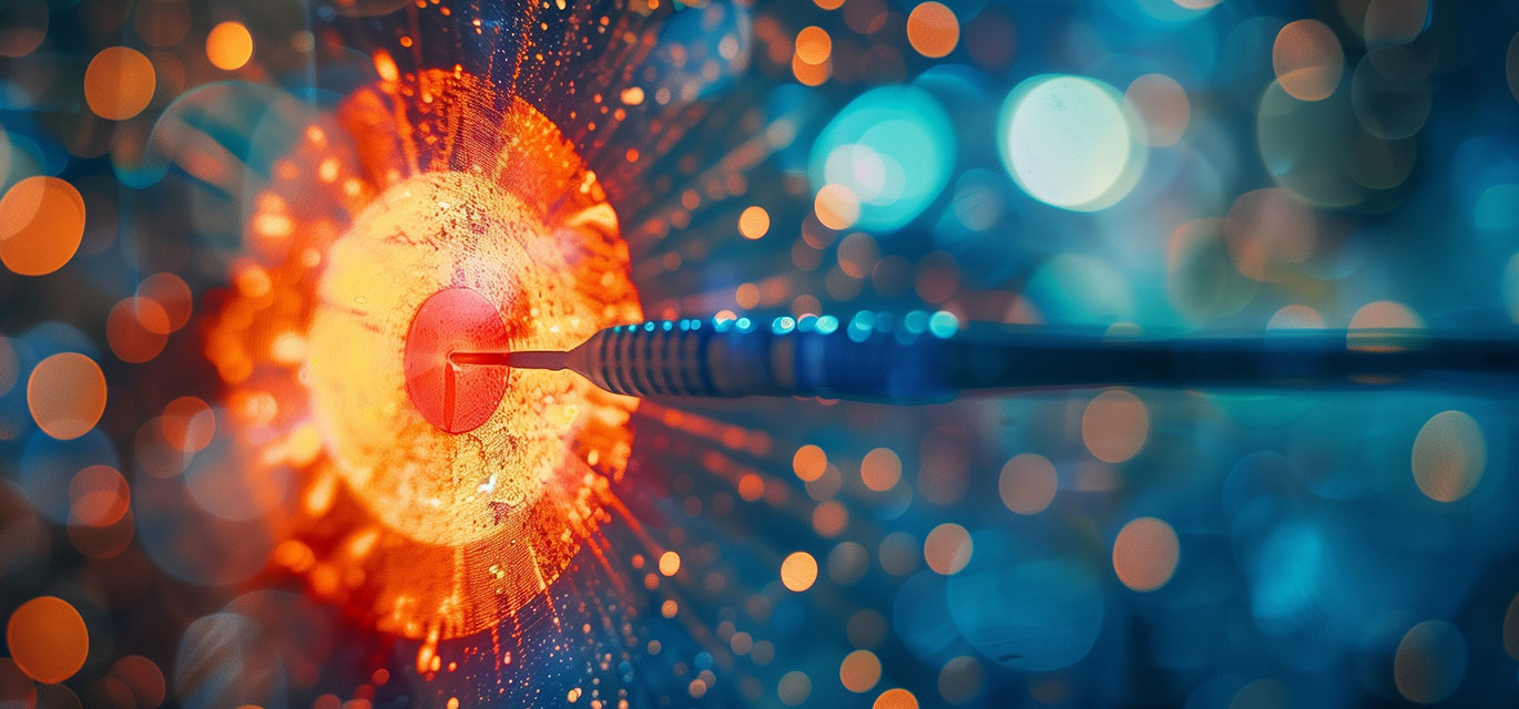 A dart in sharp focus hits the bullseye of a dartboard, surrounded by vibrant, colorful bokeh lights creating a dynamic and energetic atmosphere. The scene conveys precision and excitement.